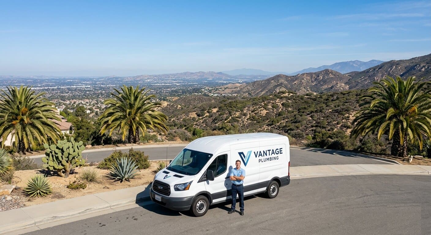 Vantage Plumbing service van on a San Diego hillside with palm trees, ocean view, and a plumber in front
