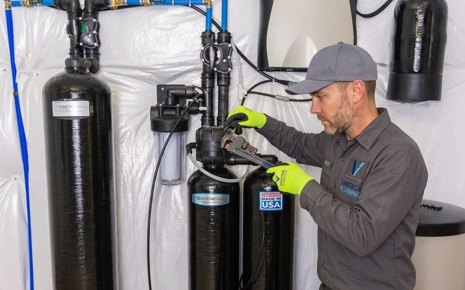 Vantage plumber installing a water softener and filtration system in a San Diego garage