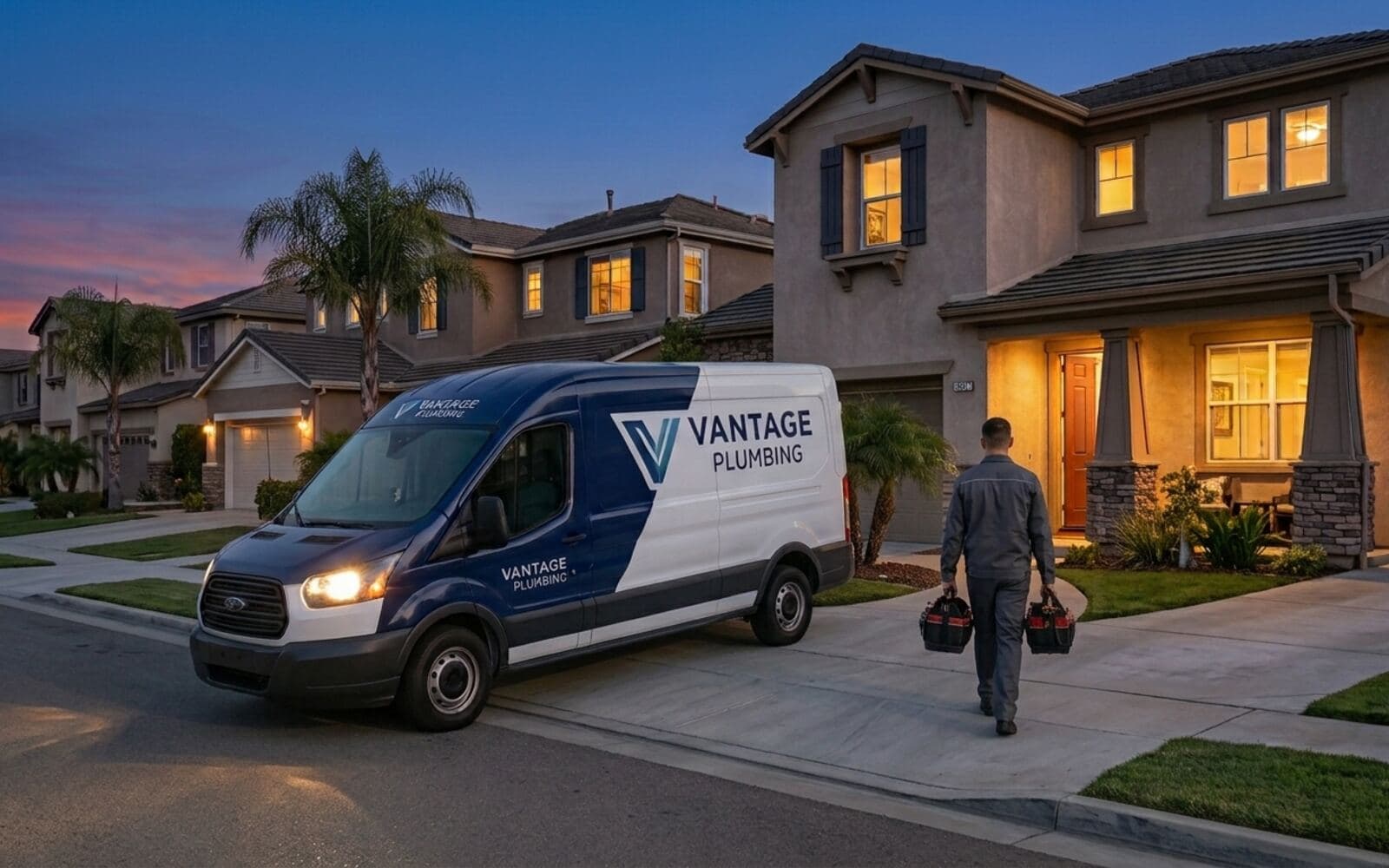 Vantage emergency plumber arriving at a San Diego home at night