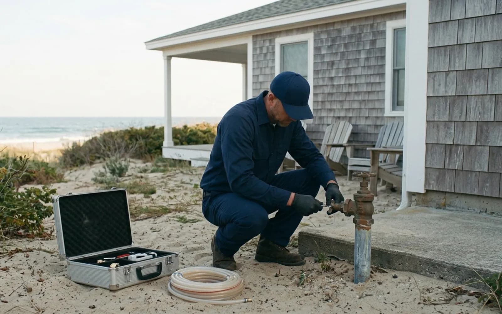 Vantage plumber working on a water line at an Encinitas beach cottage