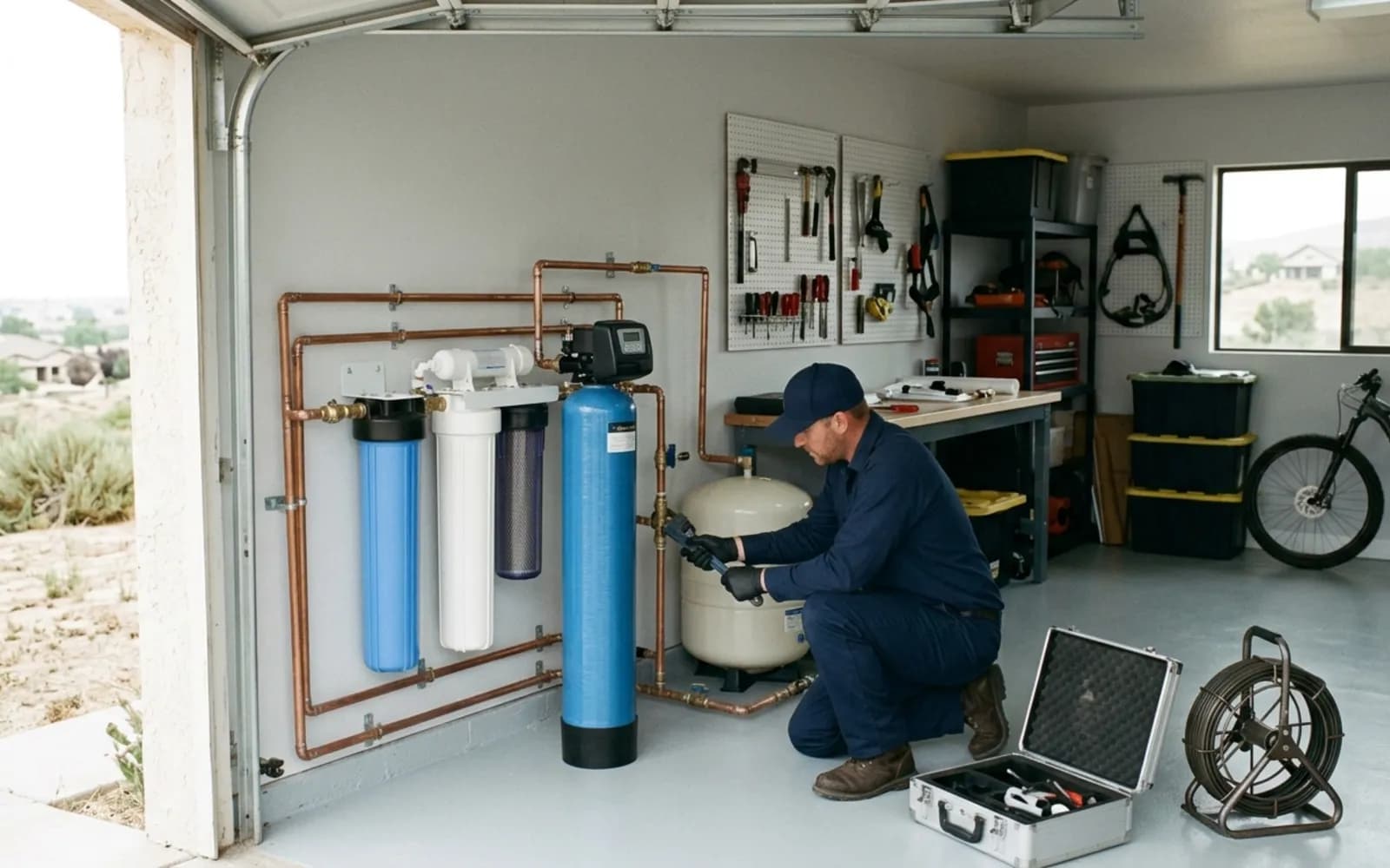 Vantage plumber installing water filtration in a La Jolla home