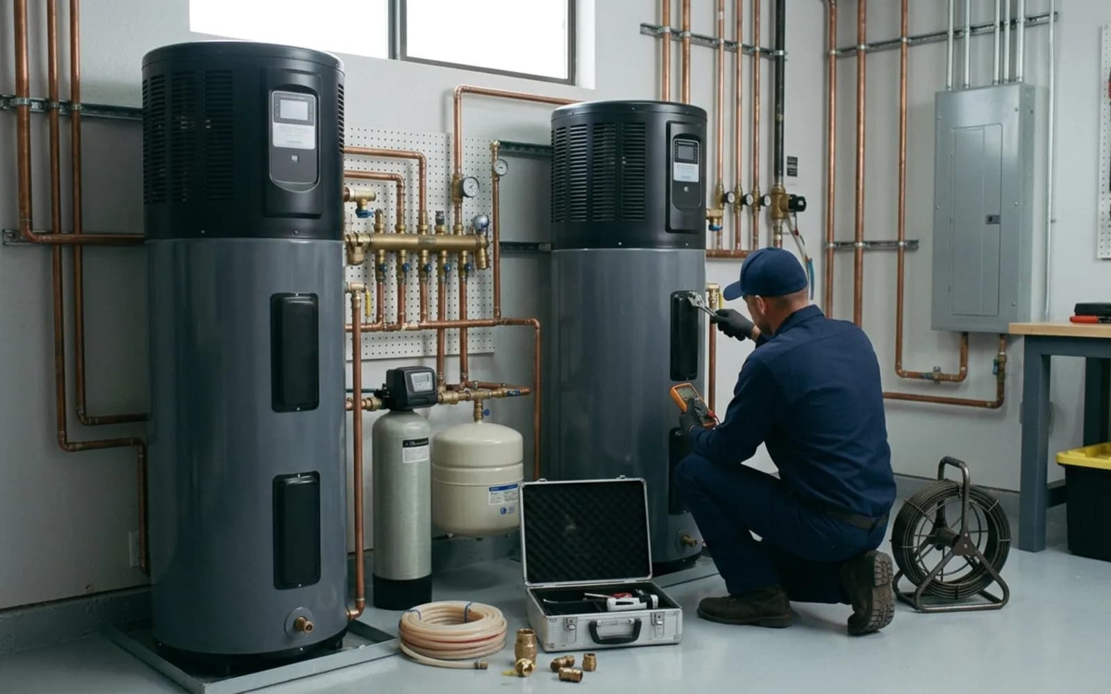 Vantage plumber servicing water heaters in a Rancho Santa Fe home