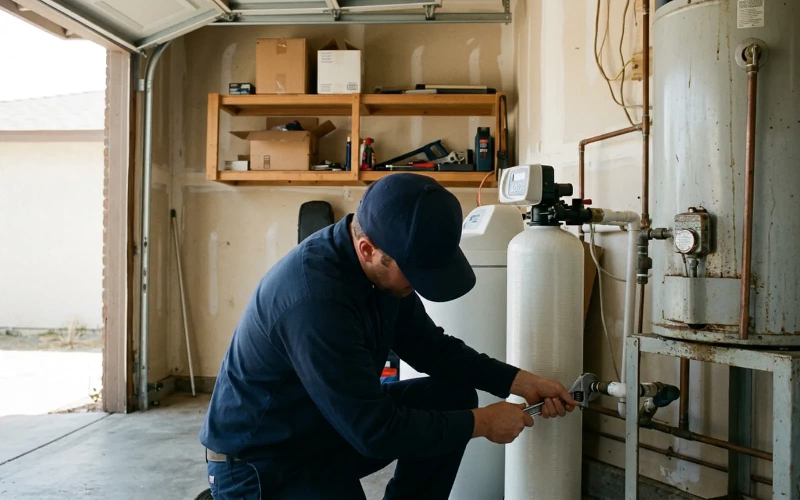 Vantage plumber installing a water softener in a Santee garage