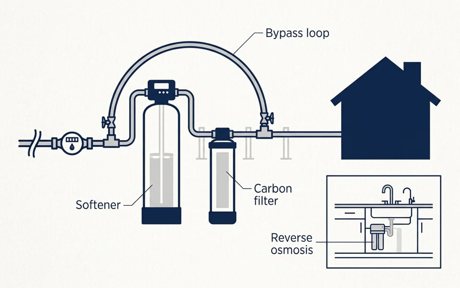 Whole-house water treatment flow diagram: main line from the meter through a softener and carbon filter into the house, with a bypass loop, and an inset of under-sink reverse osmosis