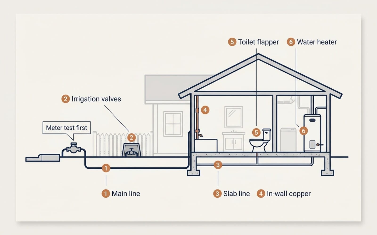 House cutaway marking the six most common hidden leak points: main line, irrigation valves, slab line, in-wall copper, toilet flapper, and water heater, with the meter test called out first