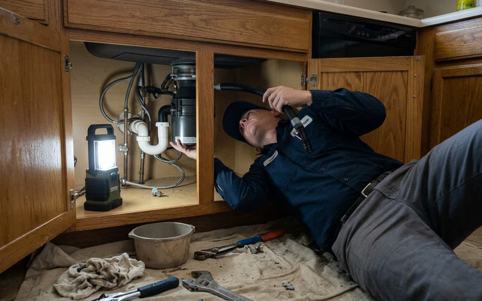 Vantage plumber installing a garbage disposal under a San Diego kitchen sink, dishwasher hose in hand