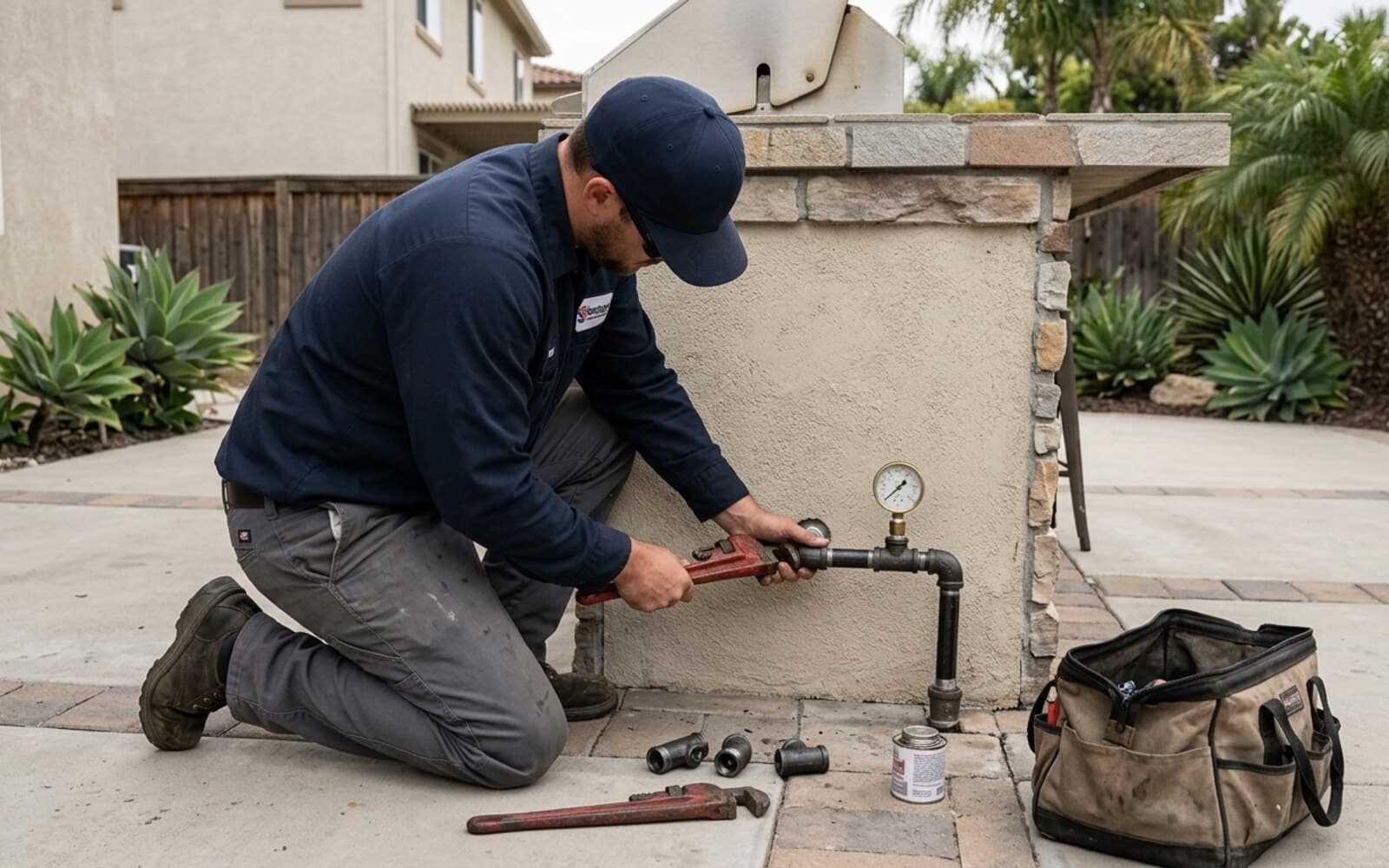 Vantage plumber installing a gas line for an outdoor kitchen BBQ in North County San Diego, pressure test gauge on the line