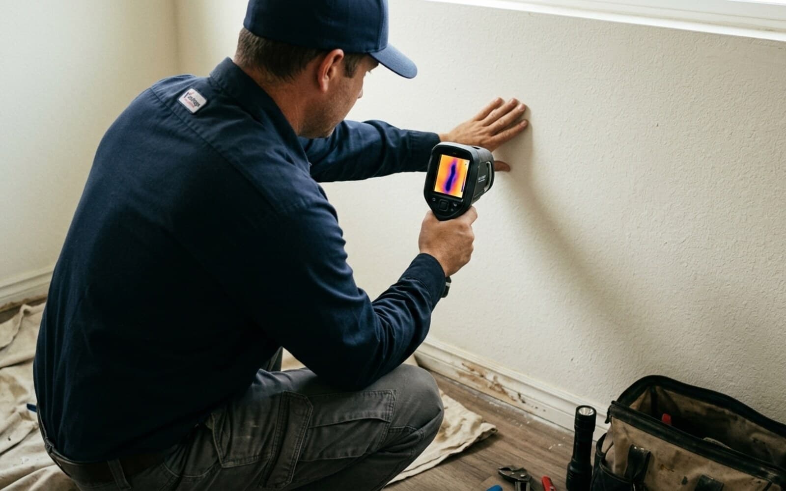 Vantage plumber locating a hidden water leak with thermal imaging inside a San Diego home