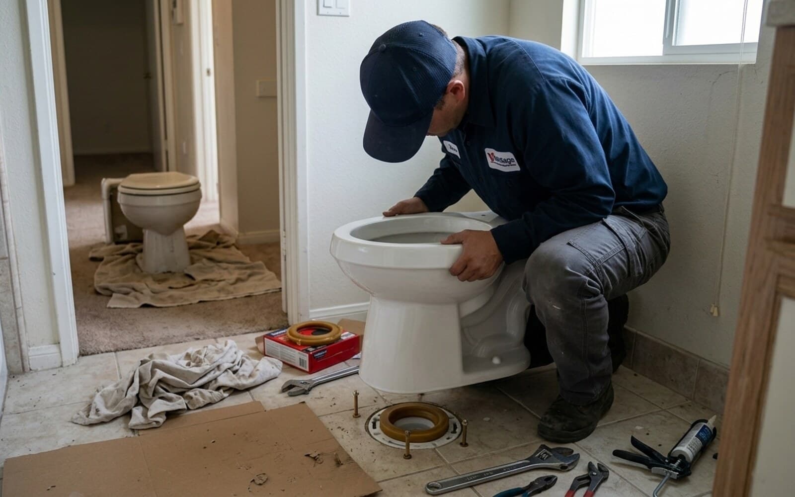 Vantage plumber setting a new toilet onto a fresh wax ring in a San Diego bathroom