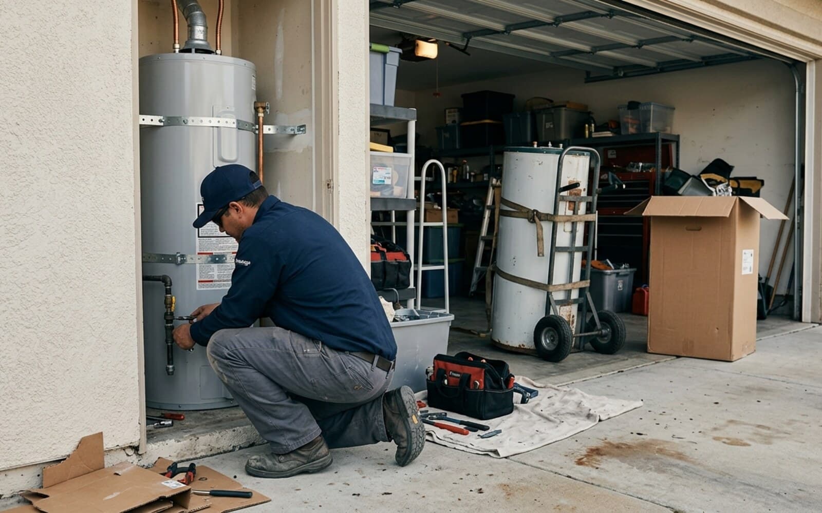 Vantage plumber replacing a water heater at a San Diego home, old unit strapped on a dolly