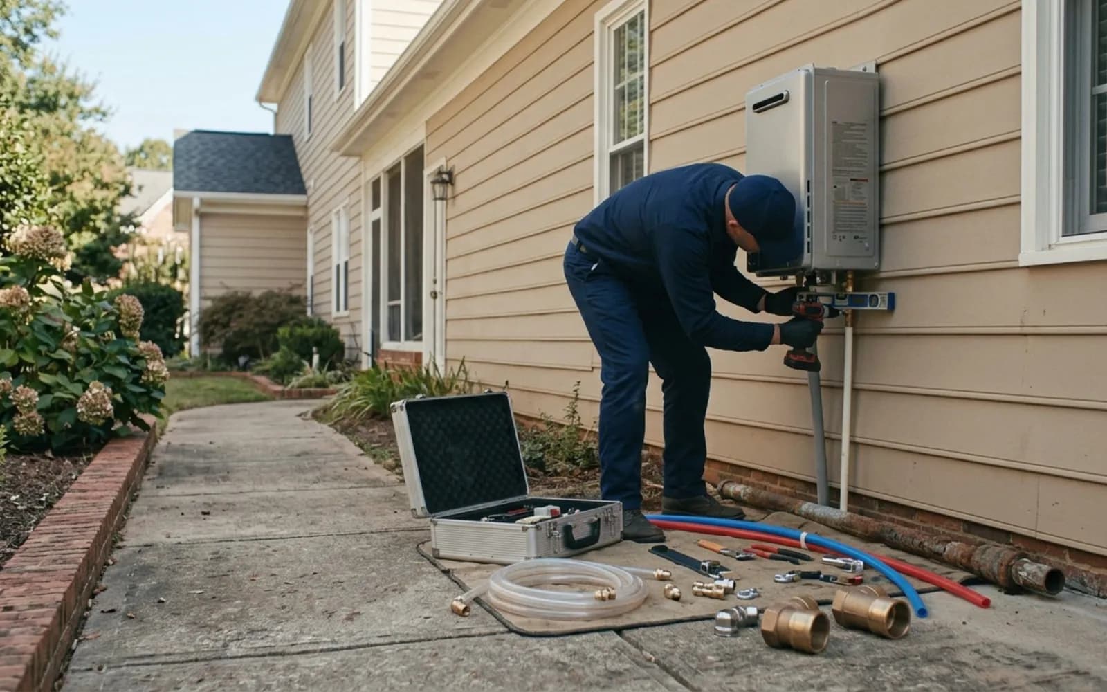 Vantage plumber installing a tankless water heater in a Carlsbad home