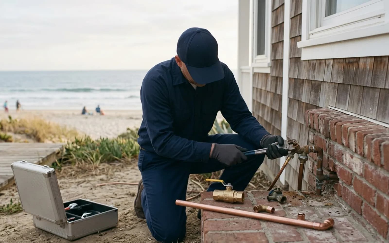 Vantage plumber replacing an exterior valve at an Oceanside home