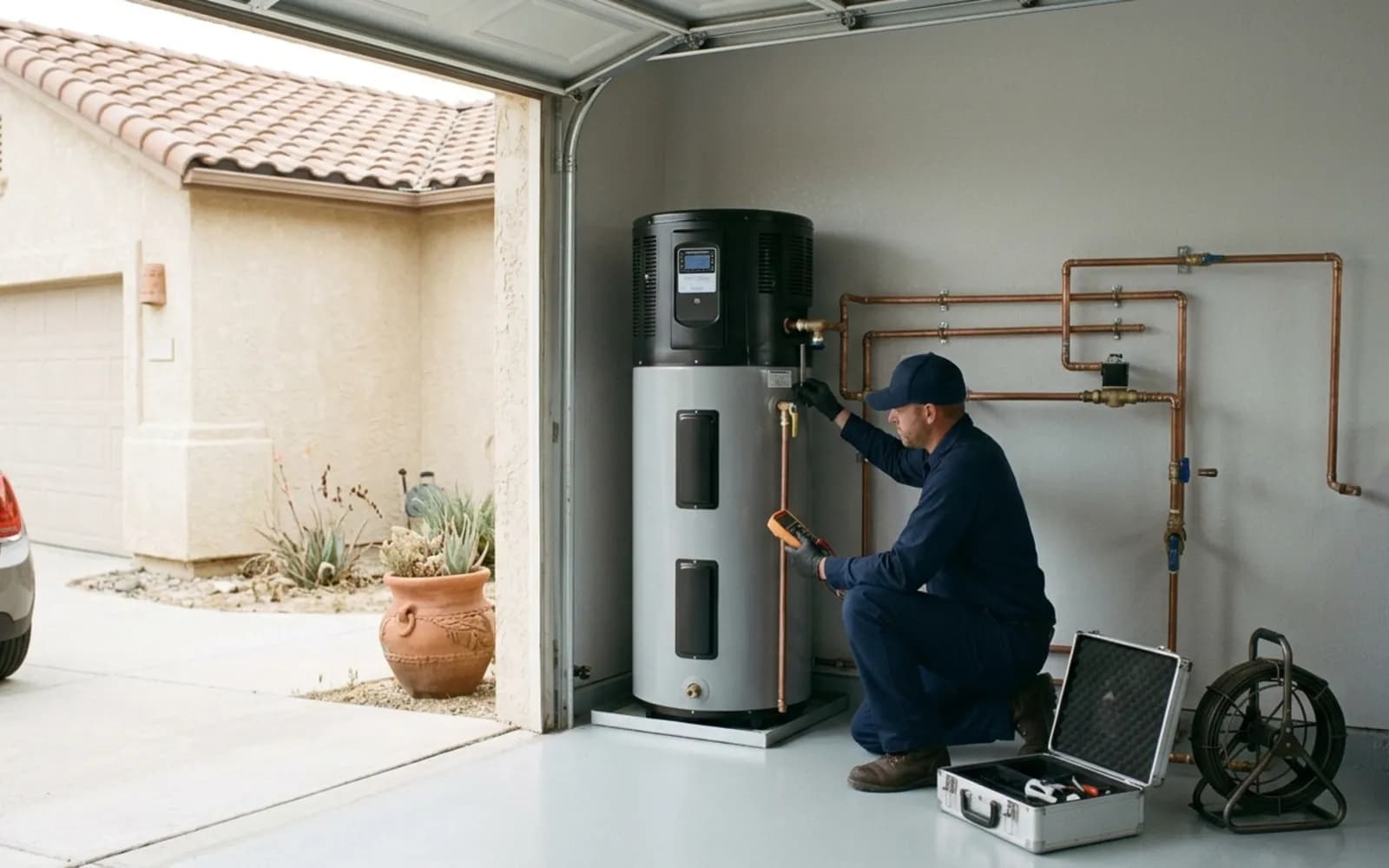 Vantage plumber servicing a water heater in a Vista home