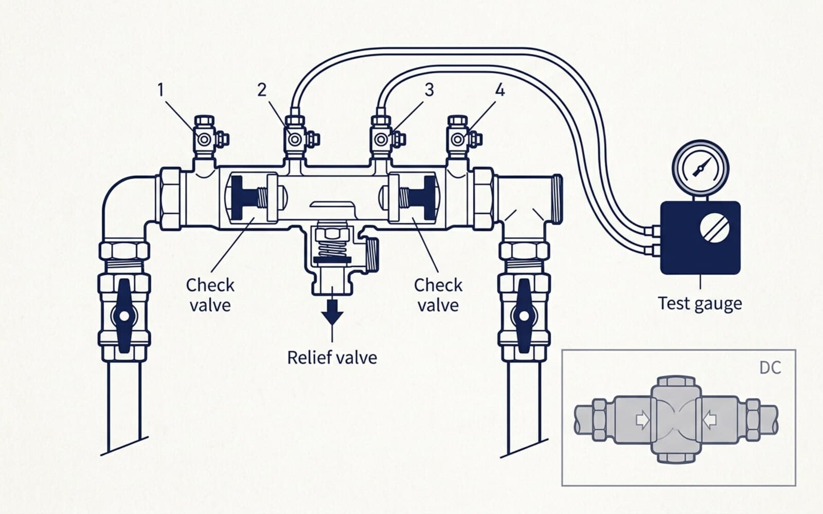 Reduced pressure backflow assembly in side view with test cocks 1 through 4, both check valves, the relief valve, and a test gauge connected, with a double check assembly inset for comparison
