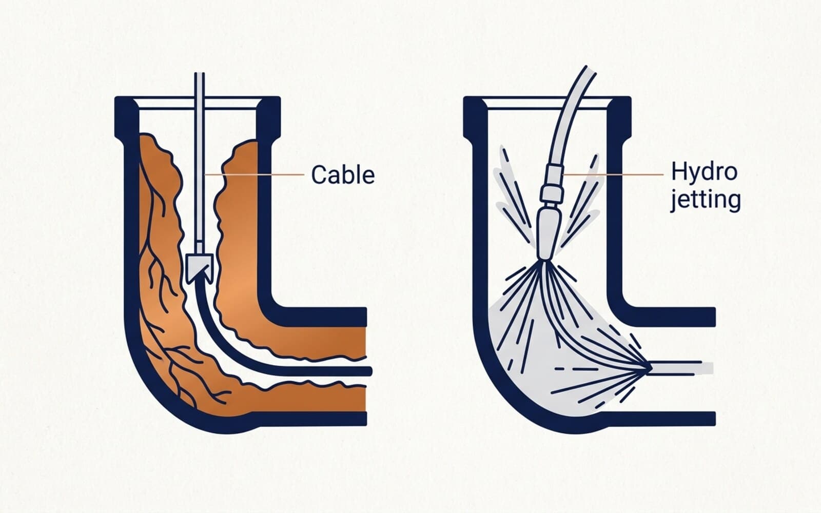 Two pipe cross-sections comparing a drain cable cutting a narrow channel through blockage with a hydro jetting nozzle scouring the pipe wall clean