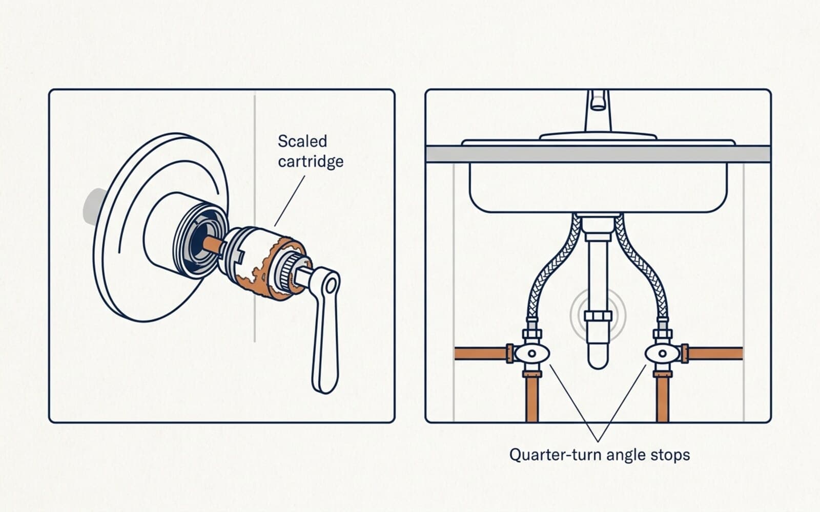 Two panels: a shower valve cutaway with a scaled cartridge pulled halfway out, and an under-sink view of supply lines running to quarter-turn angle stops