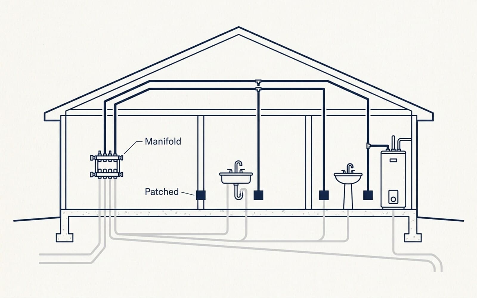 House section showing a repipe in two layers: old supply lines under the slab in gray, new PEX lines from a manifold through the attic in navy, with patched drywall access points marked