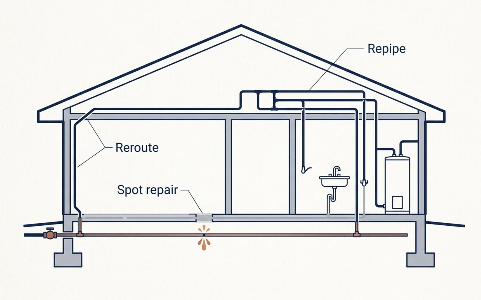Section view of a slab-on-grade home showing a pinhole leak in the under-slab copper line and the three repair options: spot repair at the leak, reroute through the attic, and full repipe
