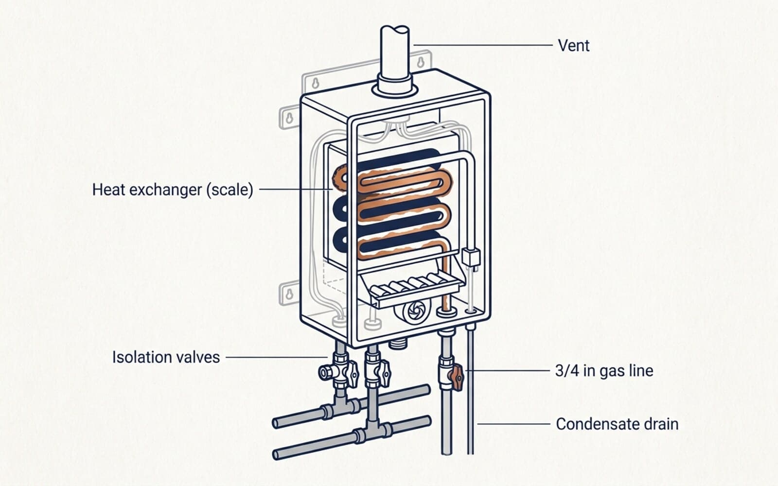 Cutaway diagram of a tankless water heater showing scale on the heat exchanger, isolation valves for flushing, the gas line, condensate drain, and vent