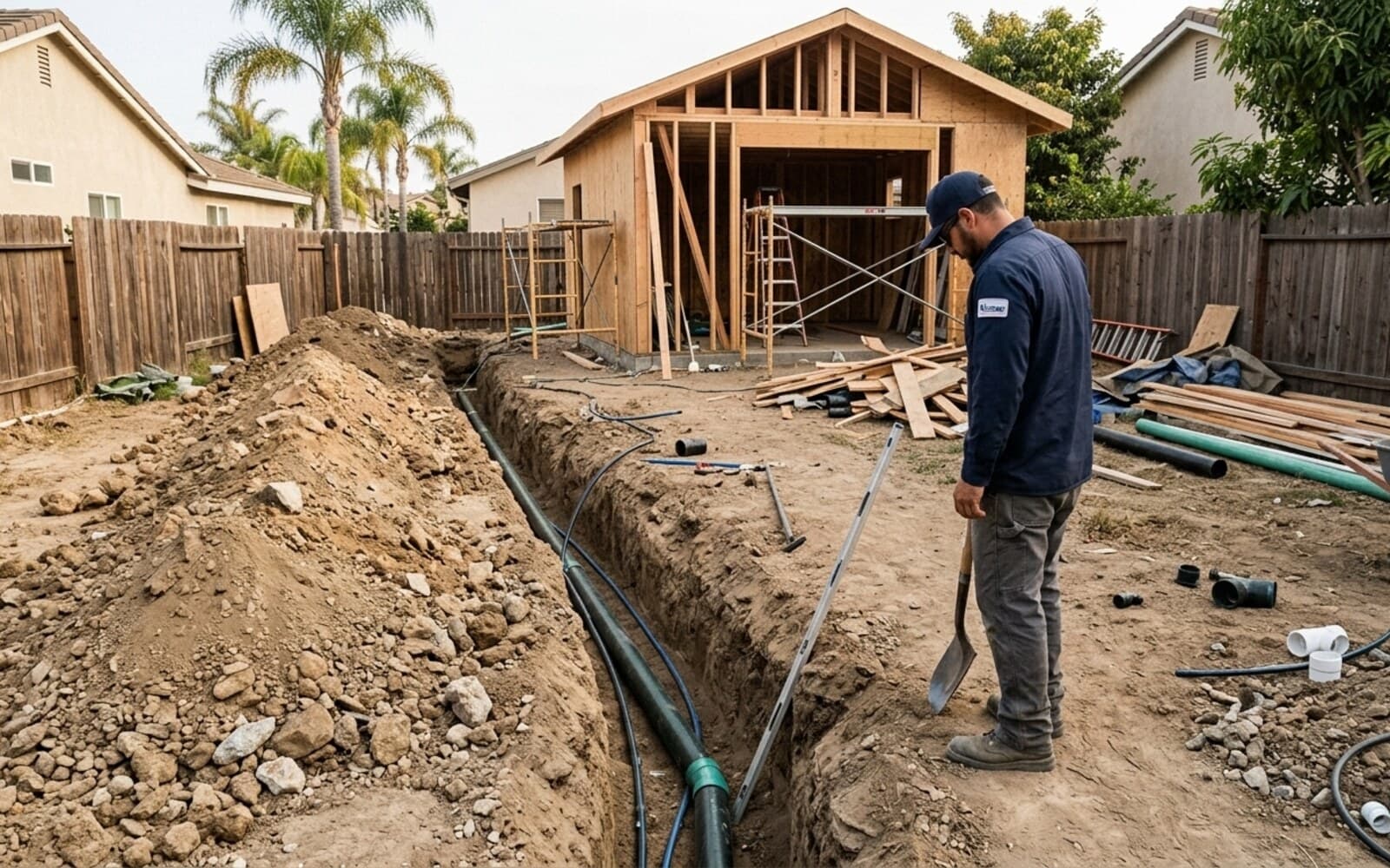 Vantage plumber installing new sewer and water lines in an open trench for a detached ADU under construction in San Diego