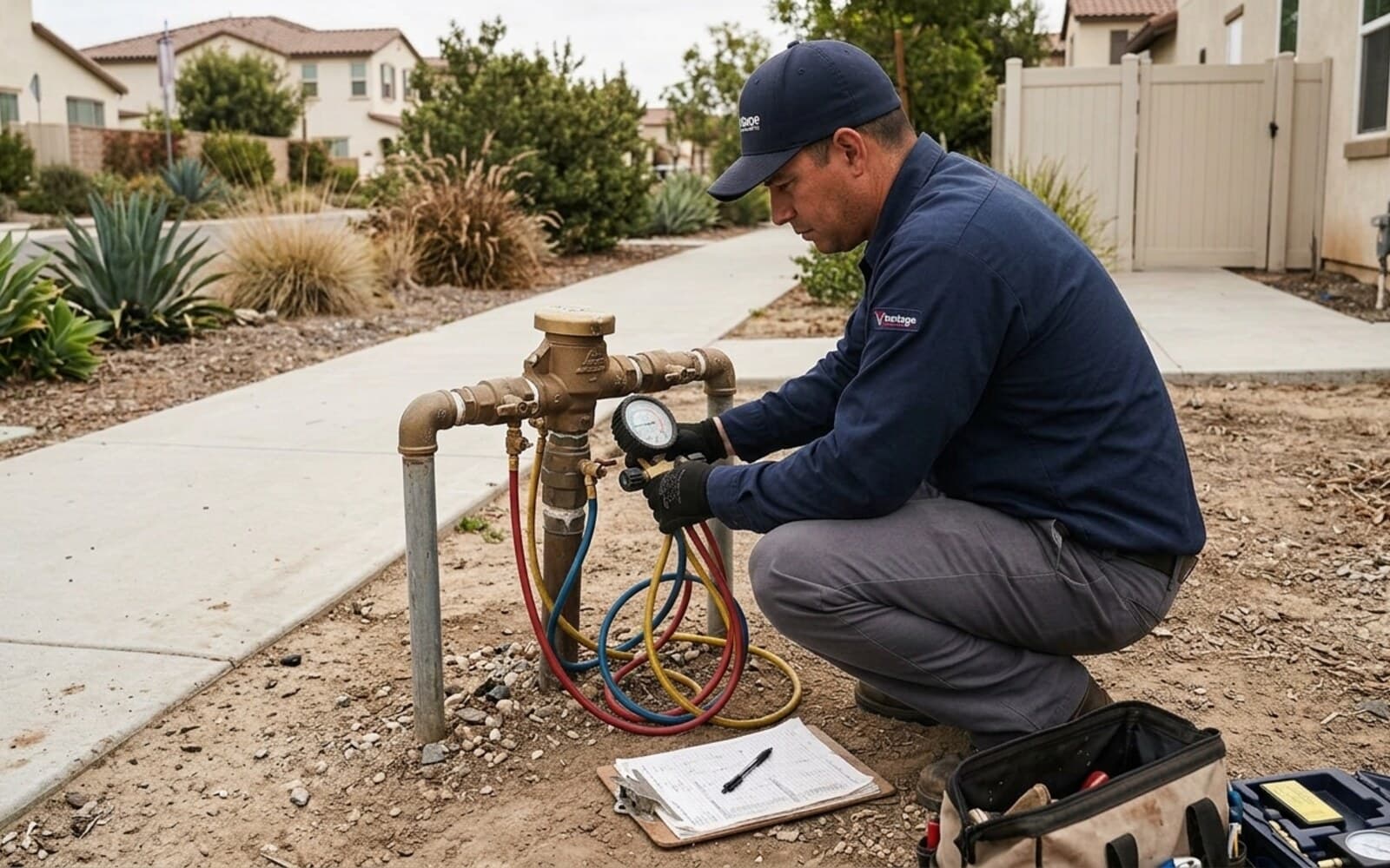 Vantage plumber testing a backflow preventer assembly with a gauge near a San Diego sidewalk