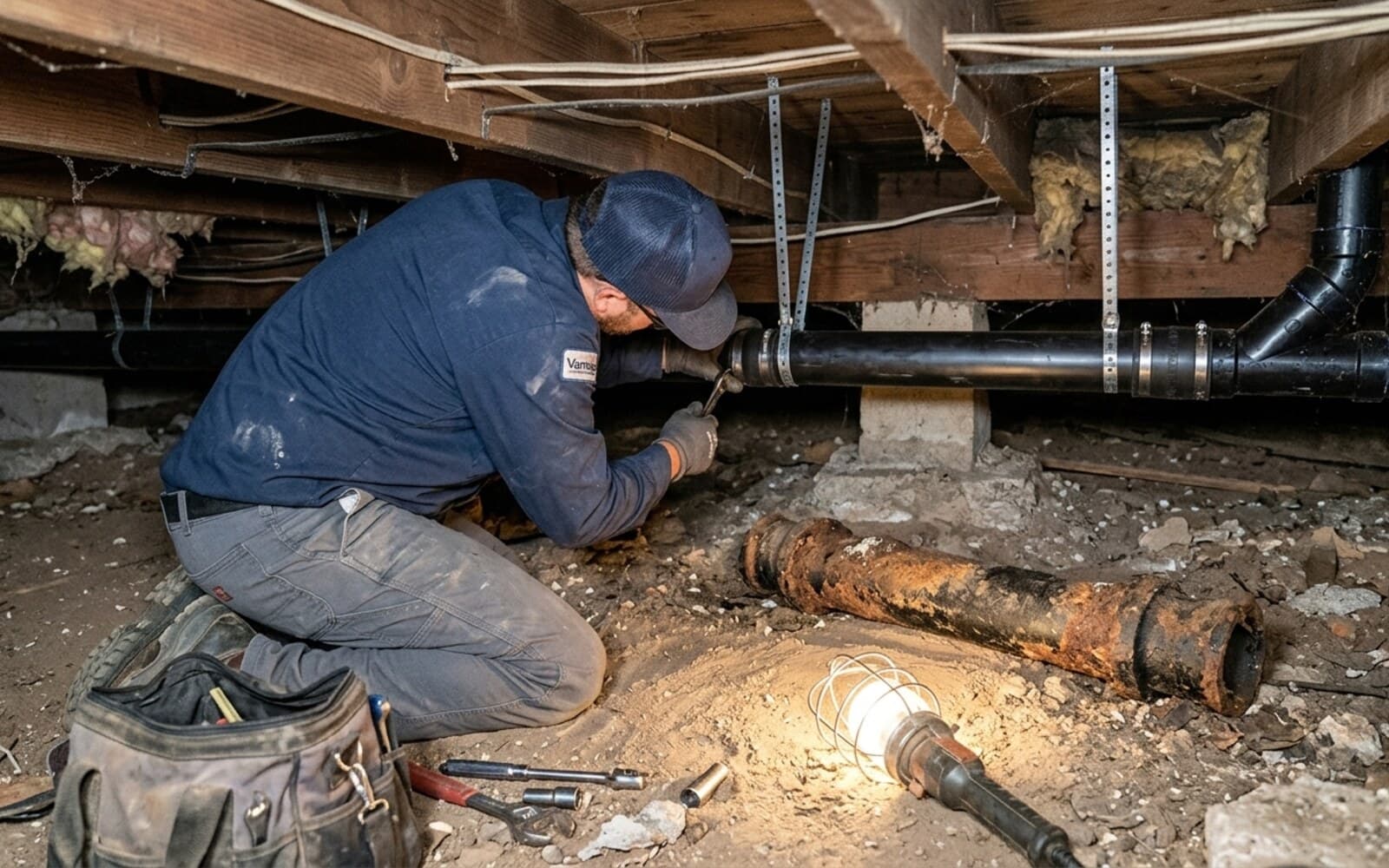 Vantage plumber replacing cast iron drain pipe with new ABS in a crawl space under a San Diego home