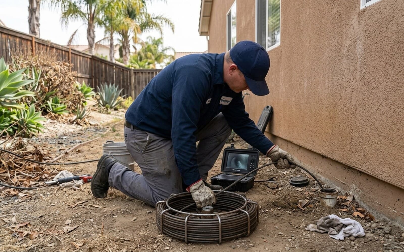 Vantage plumber running a drain camera into a yard cleanout at a San Diego home