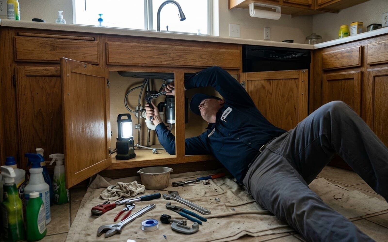 Vantage plumber replacing angle stops under a kitchen sink with the new faucet installed above