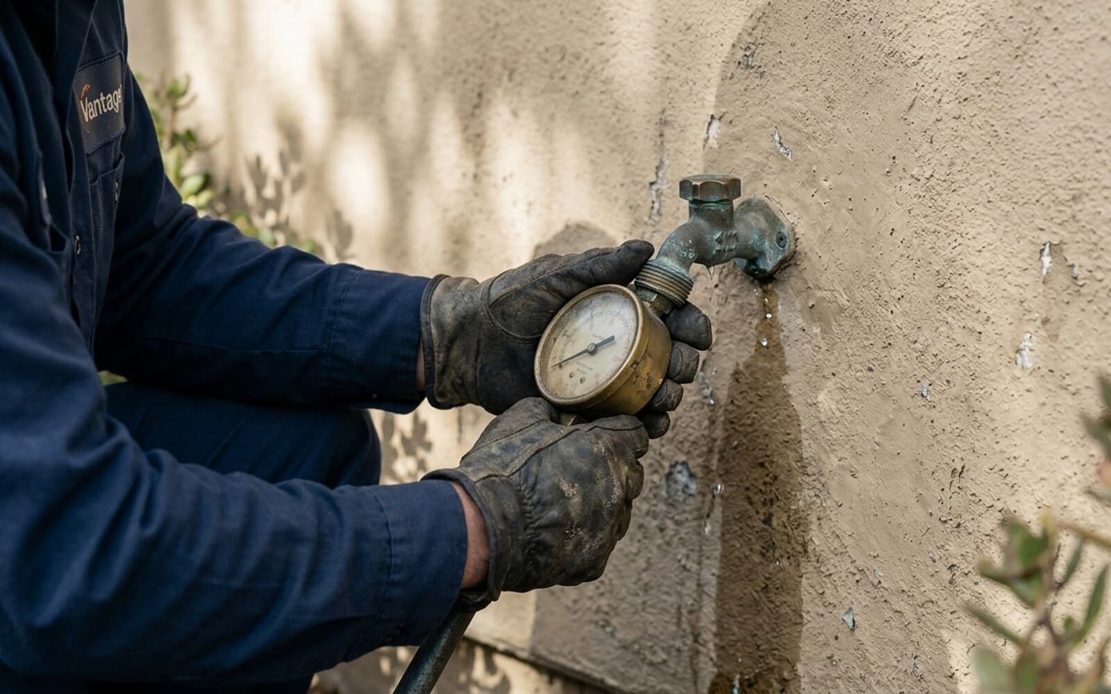 Vantage plumber testing water pressure with a gauge on a front hose bib at a San Diego home