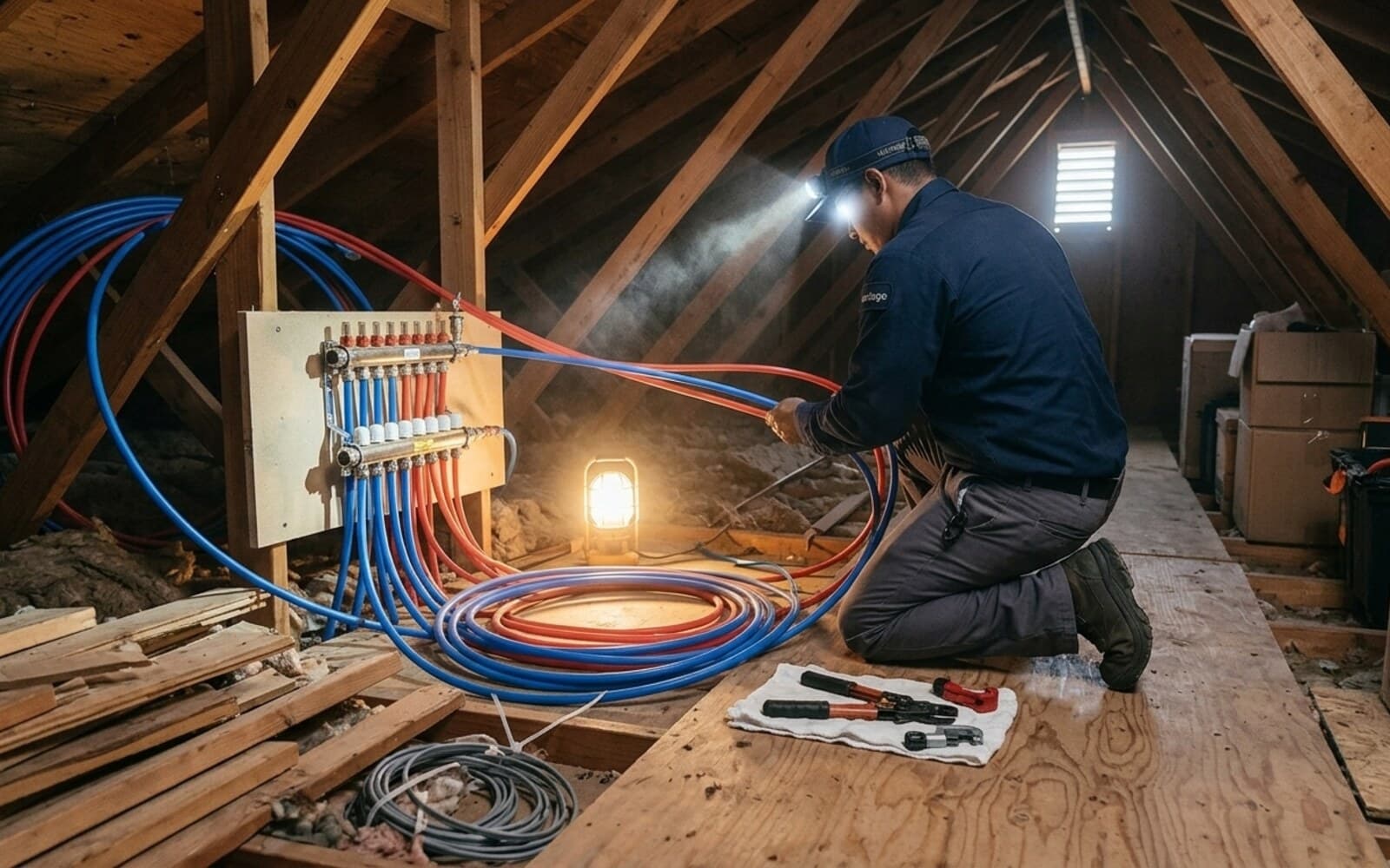 Vantage plumber running red and blue PEX lines to a manifold in a San Diego attic during a whole-home repipe