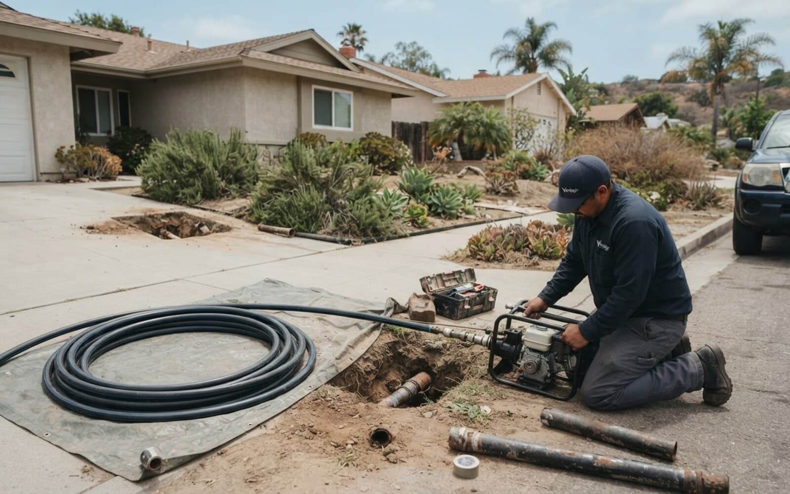Vantage plumber replacing a sewer line with trenchless pipe bursting through two small pits in a San Diego front yard