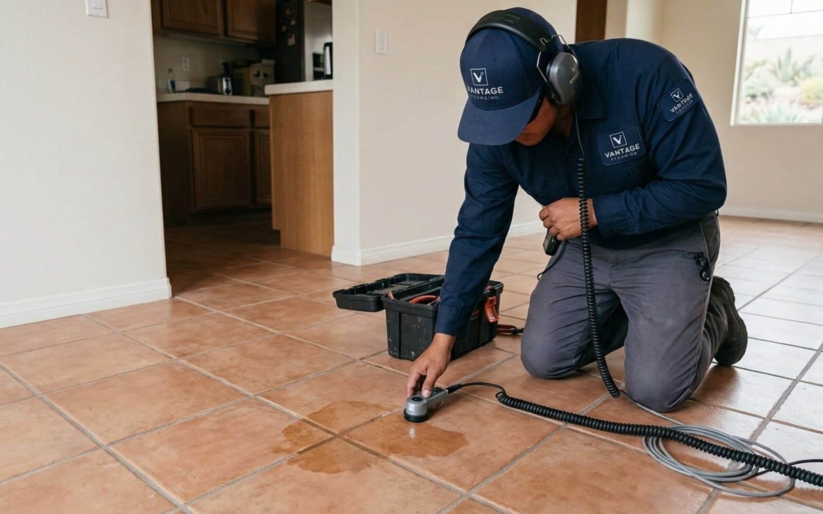 Vantage plumber locating a slab leak with acoustic listening equipment on a tile floor in a San Diego home