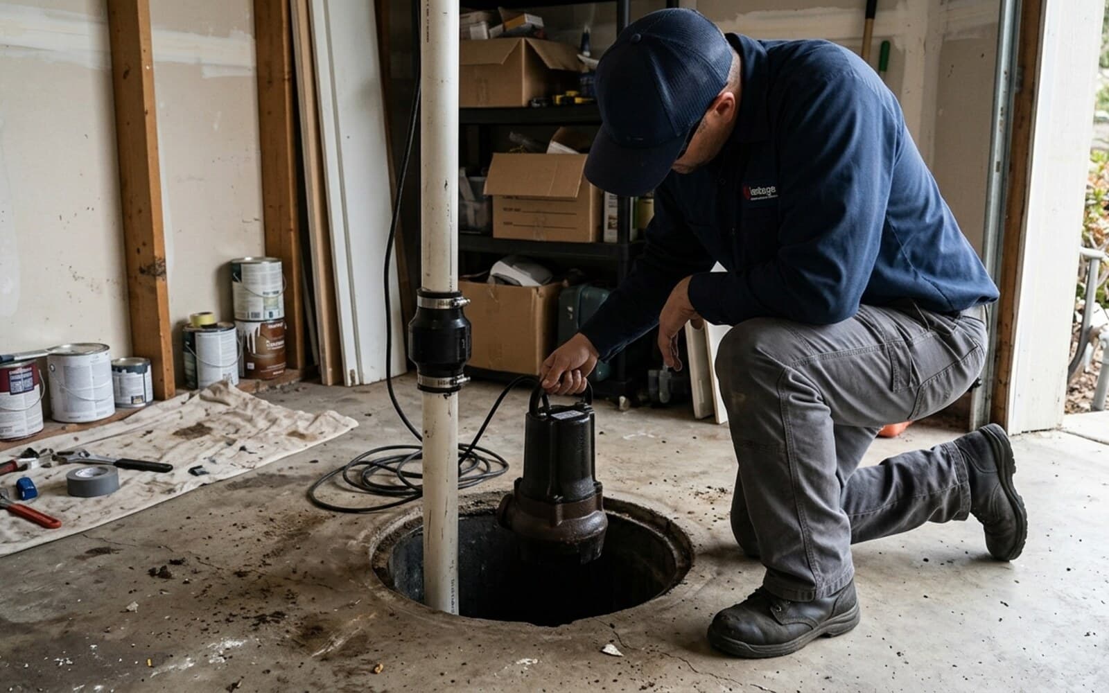 Vantage plumber lowering a new sump pump into a pit in a San Diego garage, check valve on the discharge pipe