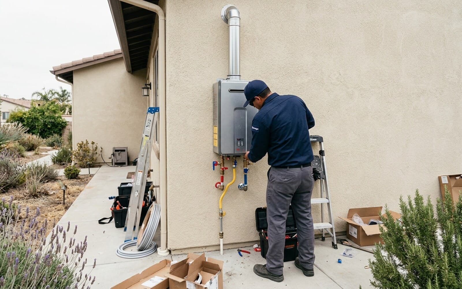 Vantage plumber installing a wall-hung tankless water heater on an exterior stucco wall in San Diego